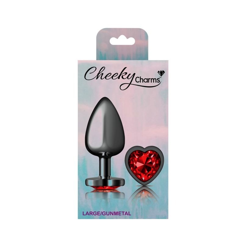 Cheeky Charms Gunmetal Butt Plug w/ Heart Jewel Red - Butt Plugs