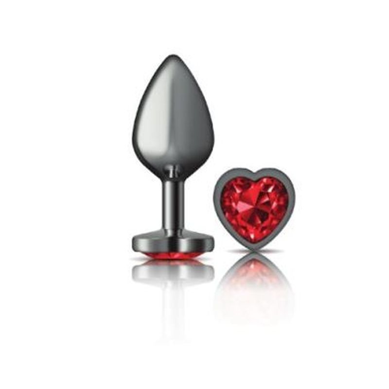 Cheeky Charms Gunmetal Butt Plug w/ Heart Jewel Red - Butt Plugs