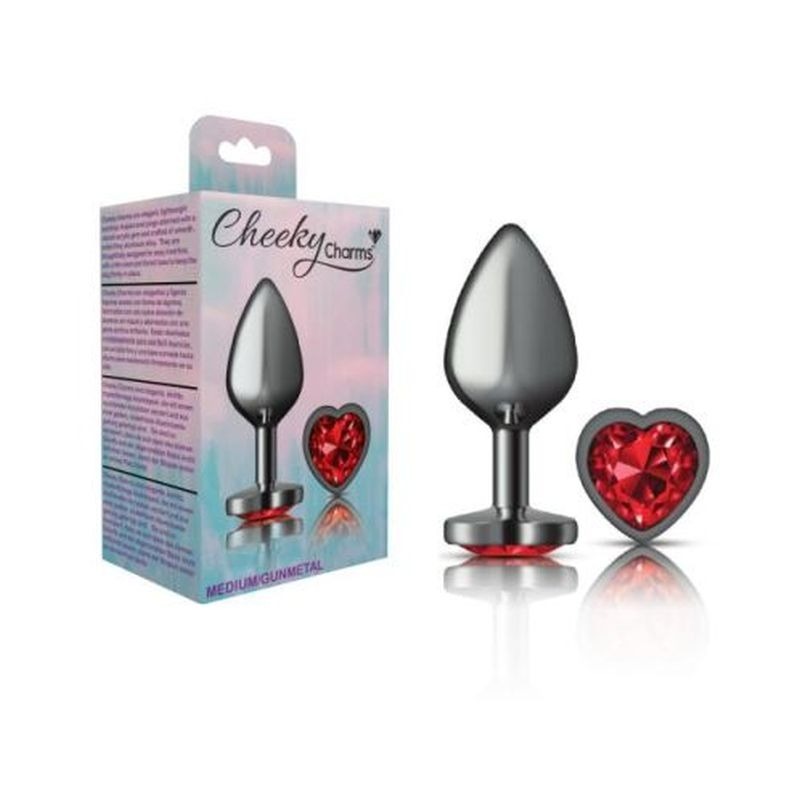 Cheeky Charms Gunmetal Butt Plug w/ Heart Jewel Red - Butt Plugs