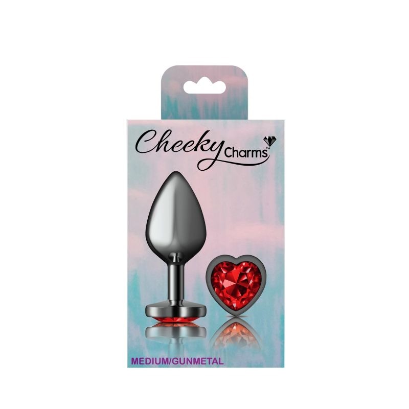Cheeky Charms Gunmetal Butt Plug w/ Heart Jewel Red - Butt Plugs