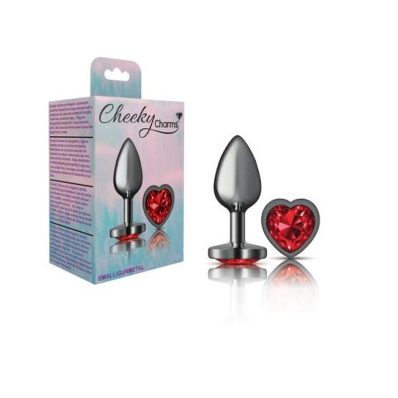 Cheeky Charms Gunmetal Butt Plug w/ Heart Jewel Red - Butt Plugs