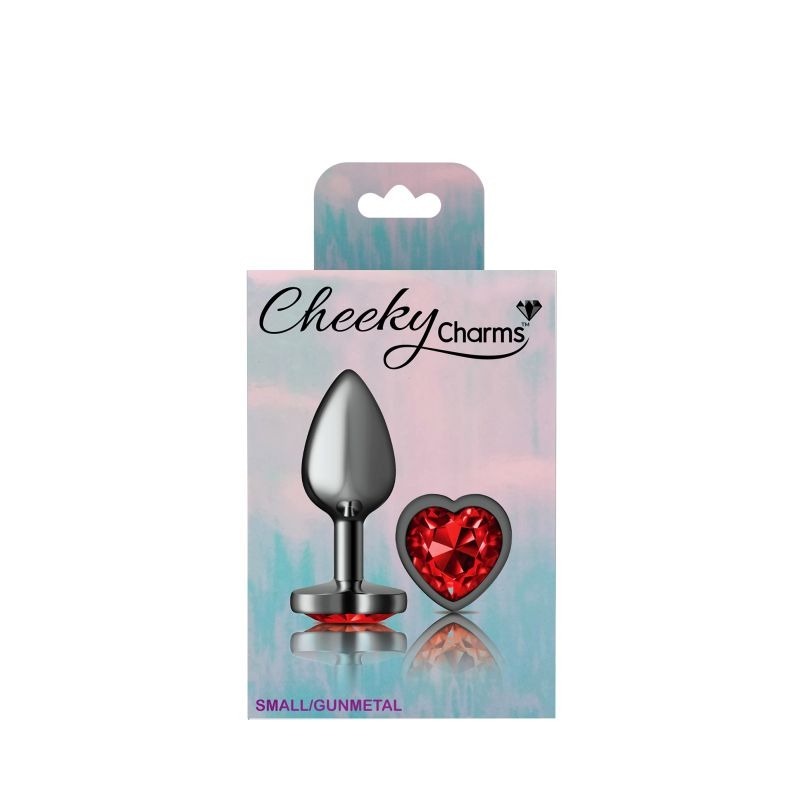 Cheeky Charms Gunmetal Butt Plug w/ Heart Jewel Red - Butt Plugs