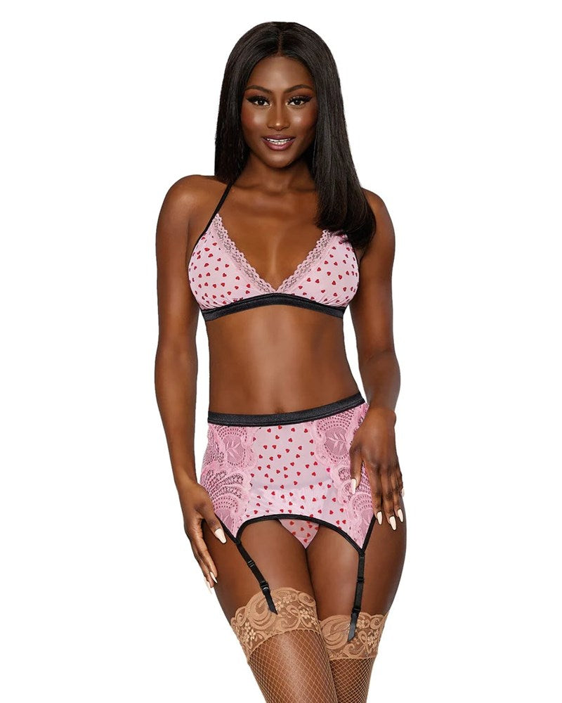 Dreamgirl Flocked Heart Bralette Garter Belt and G-String Set - Bras and Bra Sets