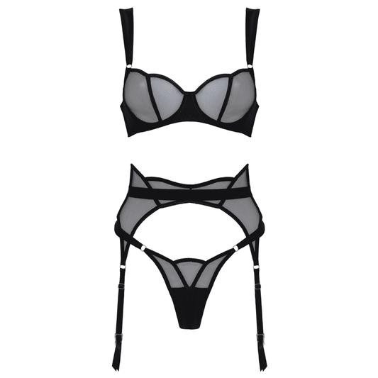 Muse 3-Piece Sheer Mesh And Satin BDSM Lingerie Black