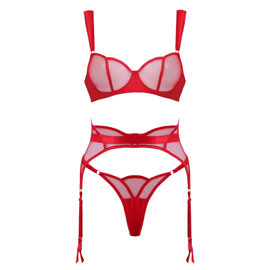 Muse 3-Piece Sheer Mesh BDSM Lingerie Set Red