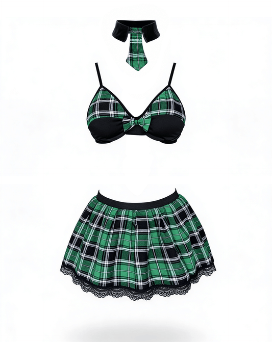 4 Piece Sexy School Girls Dress Set Green - Fancy Dress Ups