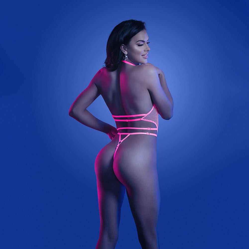 Glow-Powered Sensuality - Neon Pink Plunge Halter Teddy - Bras and Bra Sets