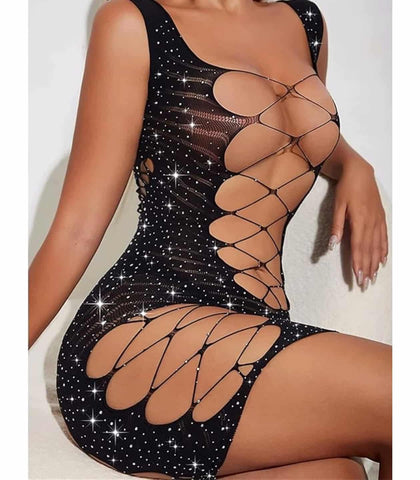 Sexy Womens Rhinestone Sleeveless Dress by Love In Leather - BabyDolls And Chemises