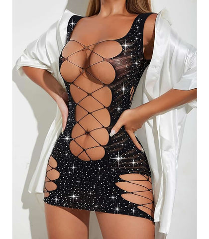 Sexy Womens Rhinestone Sleeveless Dress by Love In Leather - BabyDolls And Chemises