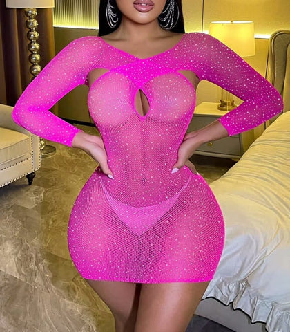Long Sleeve Womens Rhinestone Dress by Love In Leather - Body Stockings