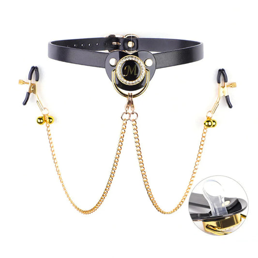 Pacifier Mouth Gag With Nipple Clamp Clip