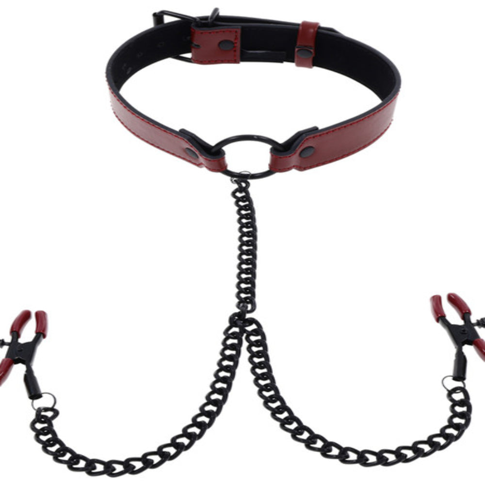 Saffron Bondage Collar with Nipple Clamps - Nipple and Clit Clamps