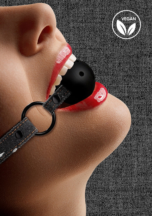 Breathable Ball Gag with Roughened Denim Straps - Bondage Gags and Bits