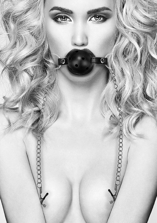 Breathable Bondage Ball Gag With Nipple Clamps - Bondage Gags and Bits