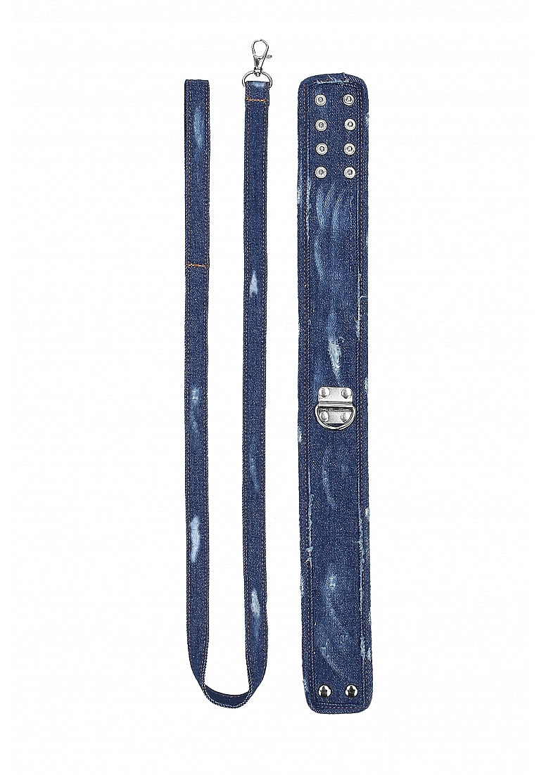 Shots Toys Denim Style Bondage Collar With Leash - Collars and Leads