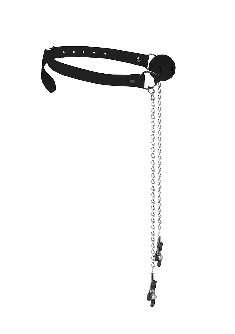Shots Toys Breathable Bondage Ball Gag With Nipple Clamps - Bondage Gags and Bits