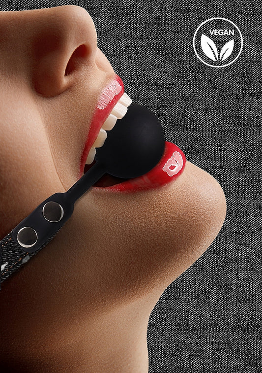 Silicone Ball Gag With Roughend Denim Straps by Shots Toys - Bondage Gags and Bits