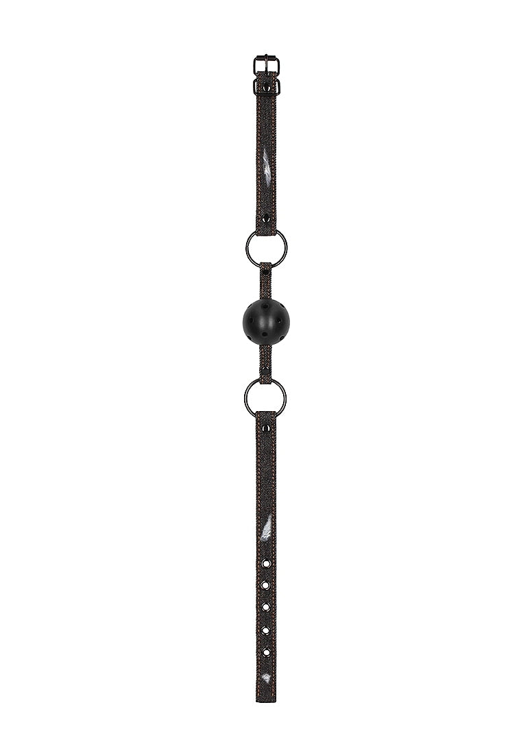 Shots Toys Breathable Ball Gag with Roughend Denim Straps - Bondage Gags and Bits