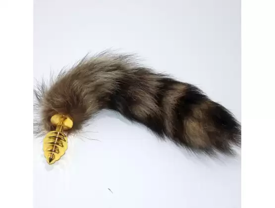 Brown Faux Fox Tail Gold Ribbed Butt Plug