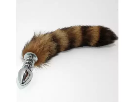 Brown Faux Fox Tail Ribbed Silver Butt Plug
