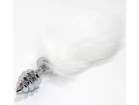 White Kitten Tail Silver Ribbed Butt Plug