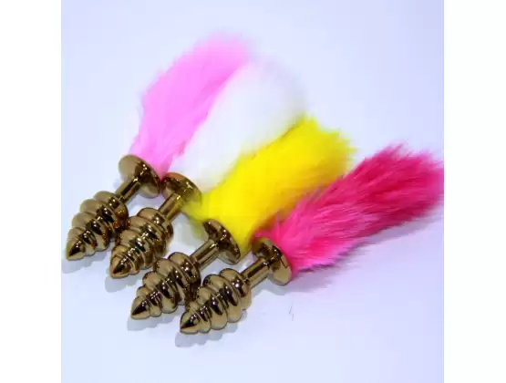 Rabbit Faux Tail Ribbed Butt Plug Gold Large
