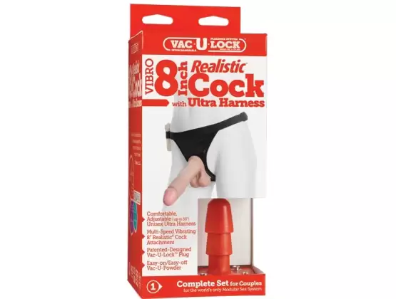 Vac-U-Lock Vibrating 8" Realistic Cock With Harness