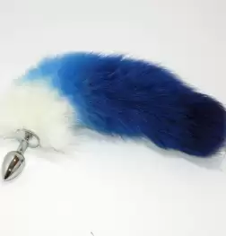 Blue Faux Fox Tail Silver Butt Plug