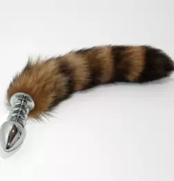 Brown Faux Fox Tail Ribbed Silver Butt Plug