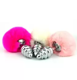 Bunny Tail Silver Ribbed Butt Plug