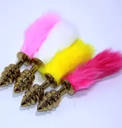Rabbit Faux Tail Ribbed Butt Plug Gold Large